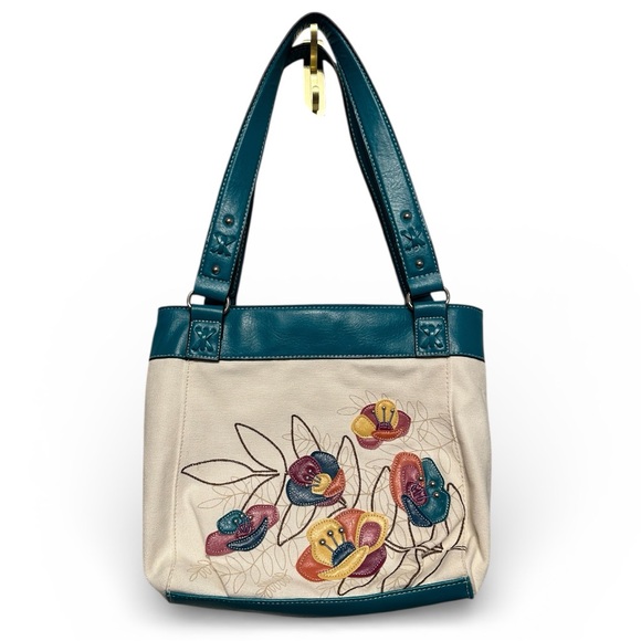 Vintage Handbags - Vintage Y2K Era Rosetti Teal and Cream Floral Shoulder Bag